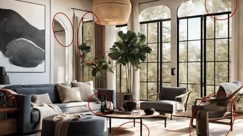 Так, здесь можно заметить странные отражения; арки «виляют» и «уходят в никуда»; мебель неверно отбрасывает тени и неестественно изгибается, а вместо некоторых объектов просто мешанина форм