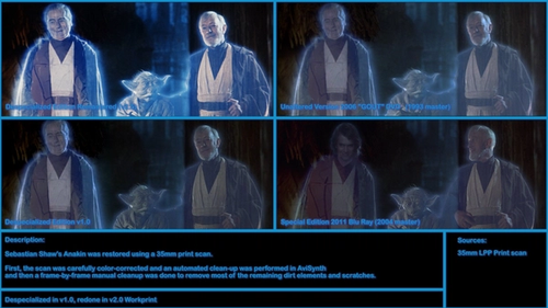 Сопоставление деспециализированной версии «Звездных войн» (слева) и версий, доступных легально (справа)