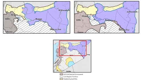 Карта боев на северо-востоке Сирии в январе-феврале 2025 года. Синим выделена территория Рожавы, желтым — зона турецкой оккупации, черным — контроль нового правительства Сирии